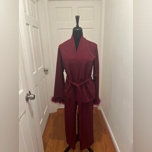 New Burgundy Pant Set with Feather Trim
